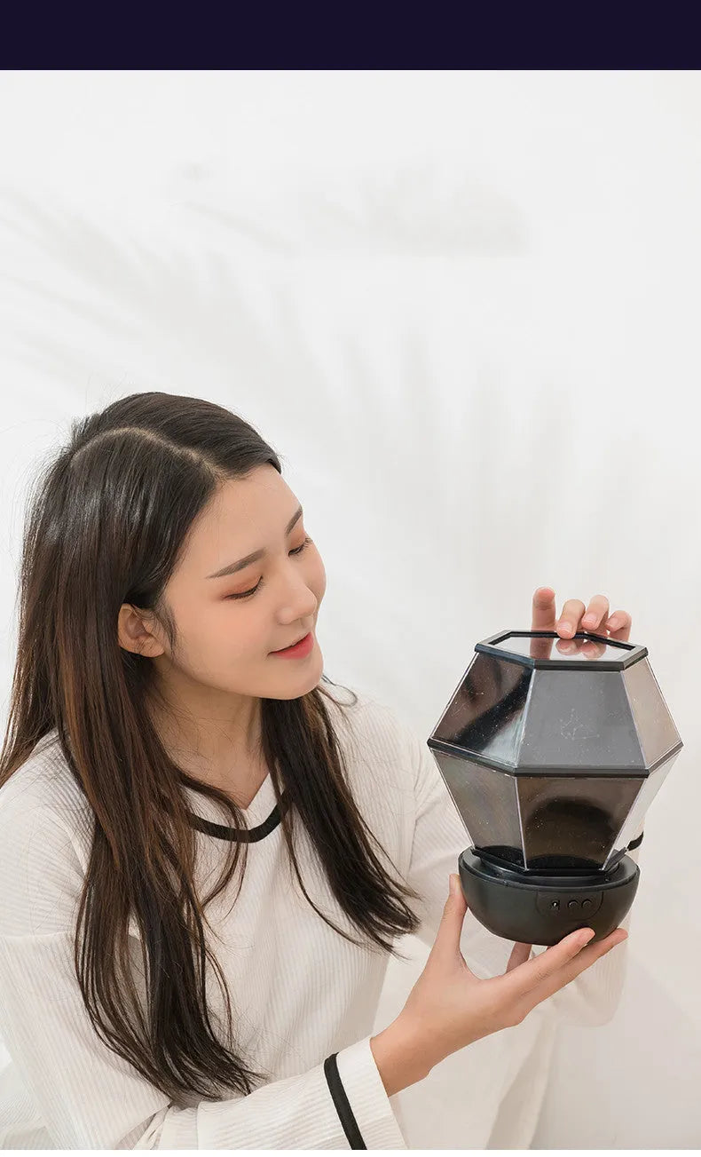 Children's rotating stars LED night light projecting colourful star patterns on a wall
