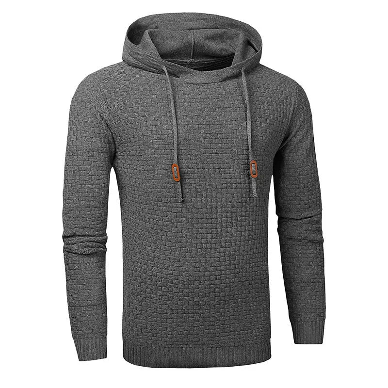 Man wearing a grey cotton-polyester blend hooded sweatshirt, showcasing the casual hoodie design.
