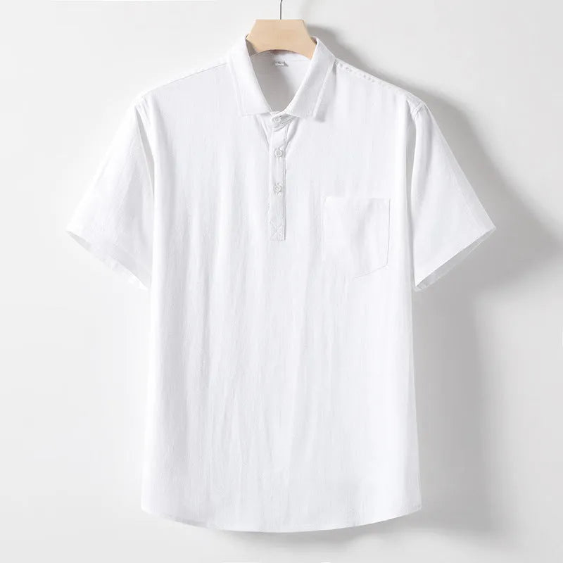 Men's linen T-shirt with loose lapels and short sleeves in hemp blend fabric