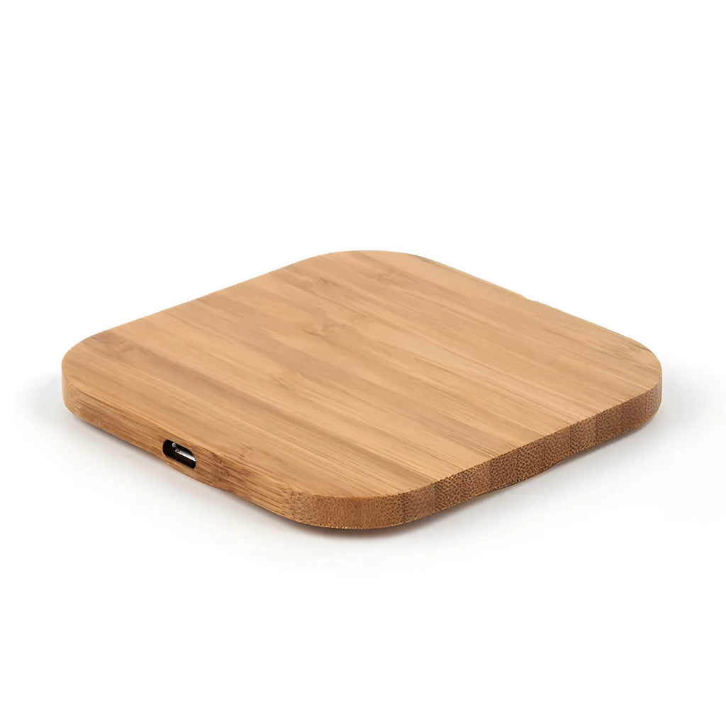 Square brown bamboo wood 5W Qi wireless charger with red and green LED lights