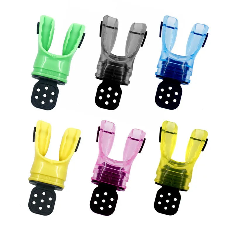 Plastic-free diving mouthpiece in edible silicone showing colour options including transparent and solid colours