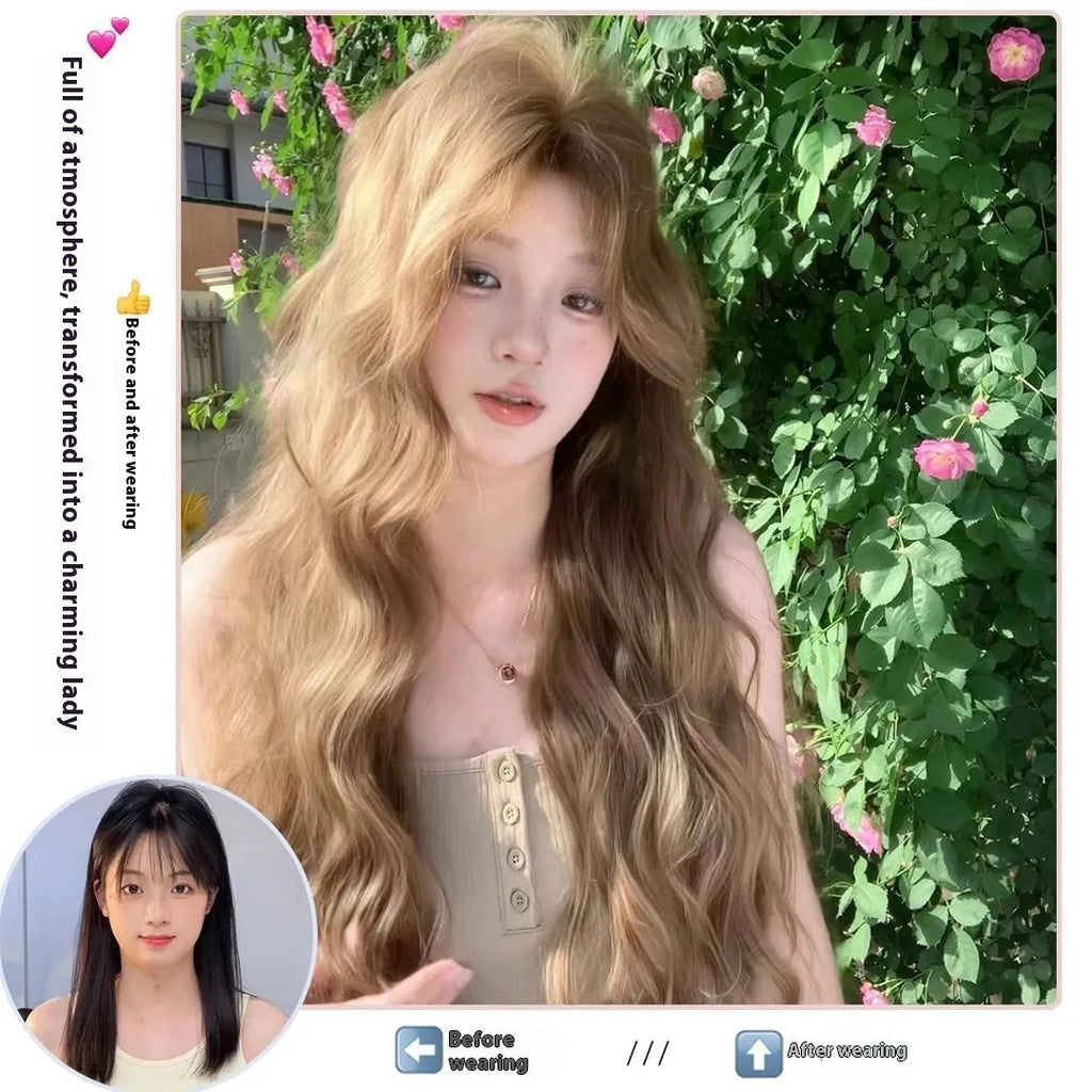 Medium-sized synthetic wig with long curly hair in a linen brown colour, shown with an attached hair net.