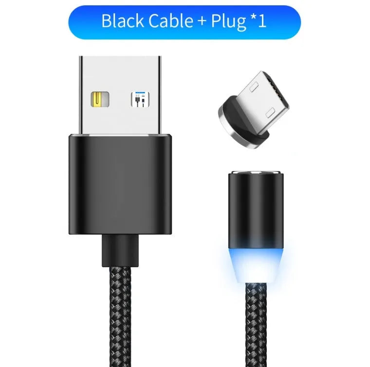 Black braided magnetic USB charging cable with LED light and aluminium connector.