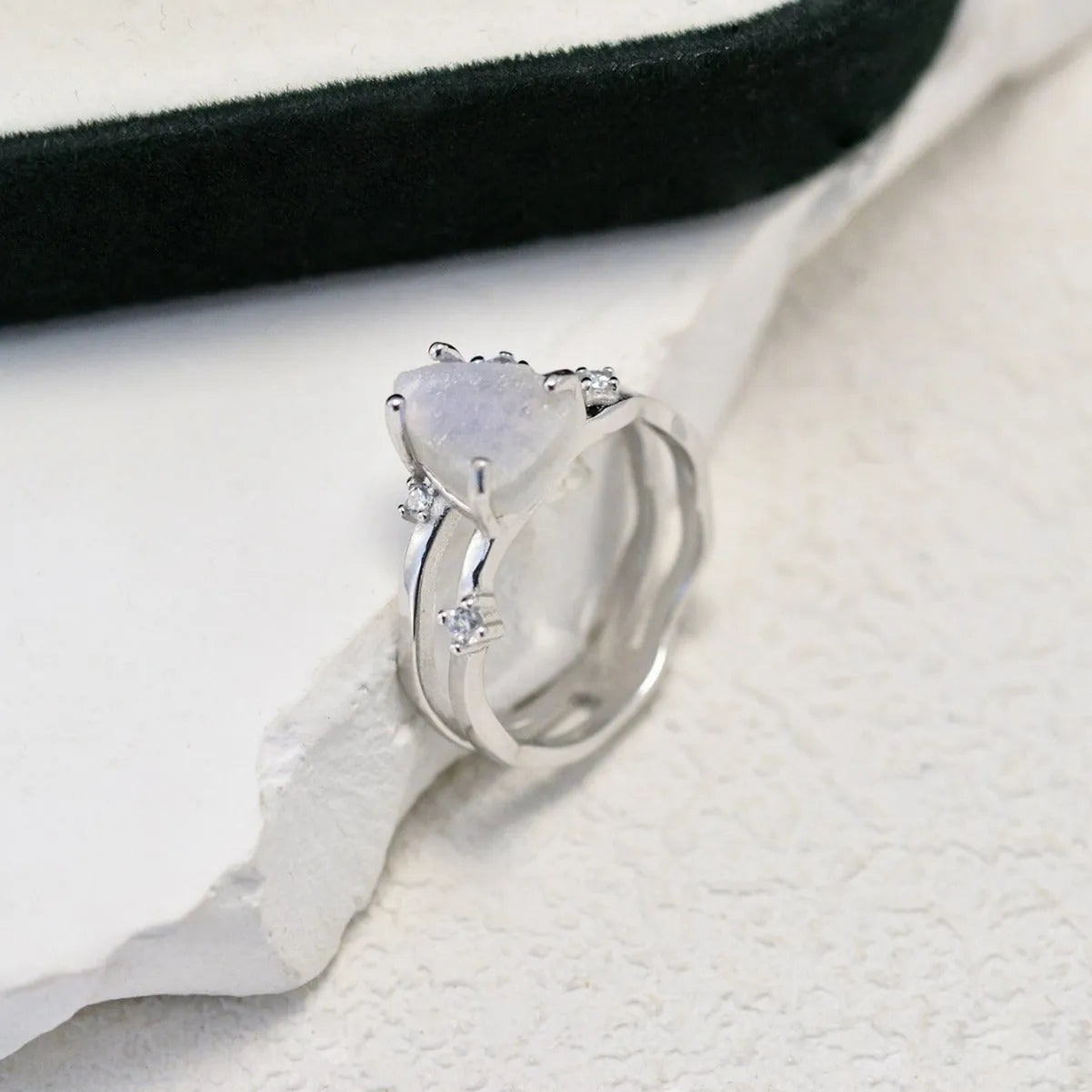 S925 silver irregular triangle moonstone ring in geometric design with electroplated finish