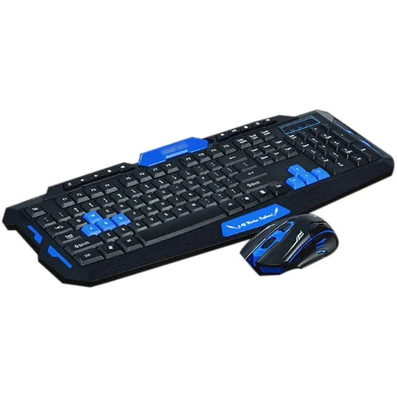 Black and blue wireless keyboard and mouse set on a desk, showing compact 48cm keyboard and ergonomic mouse.