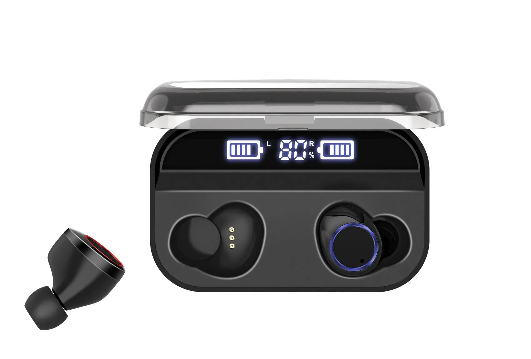 Black X11 Bluetooth wireless earbuds and charging case on a white background