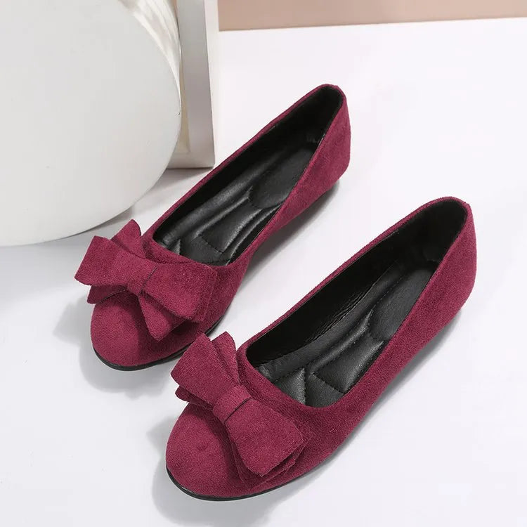 Women's rubber sole plus size flat casual shoes in black with suede bow, round toe, low heel