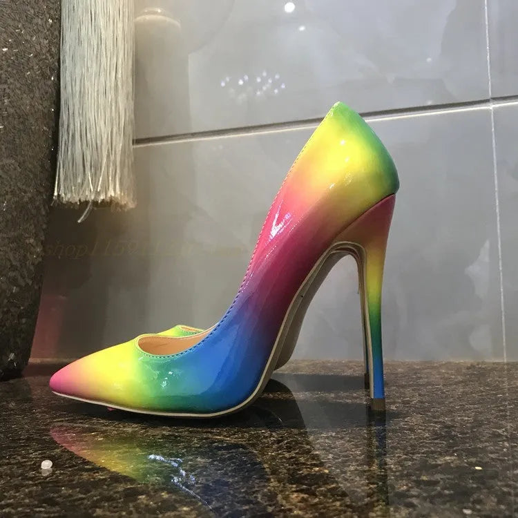 Rainbow glossy patent leather women's high heel shoes with pointed toe and thin high heel.