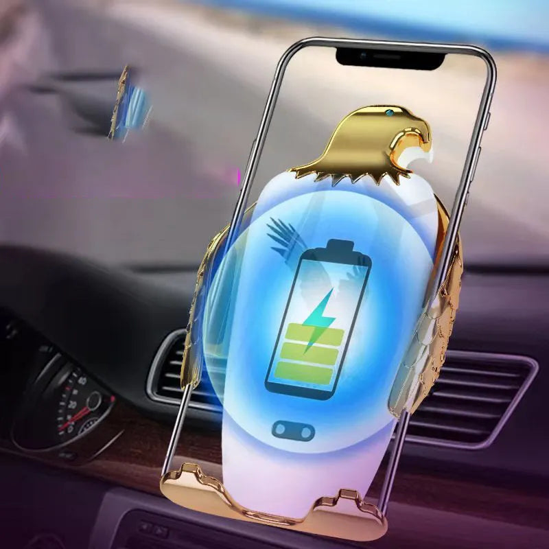 Wireless charging car phone holder with suction cup base in black and gold colour combination
