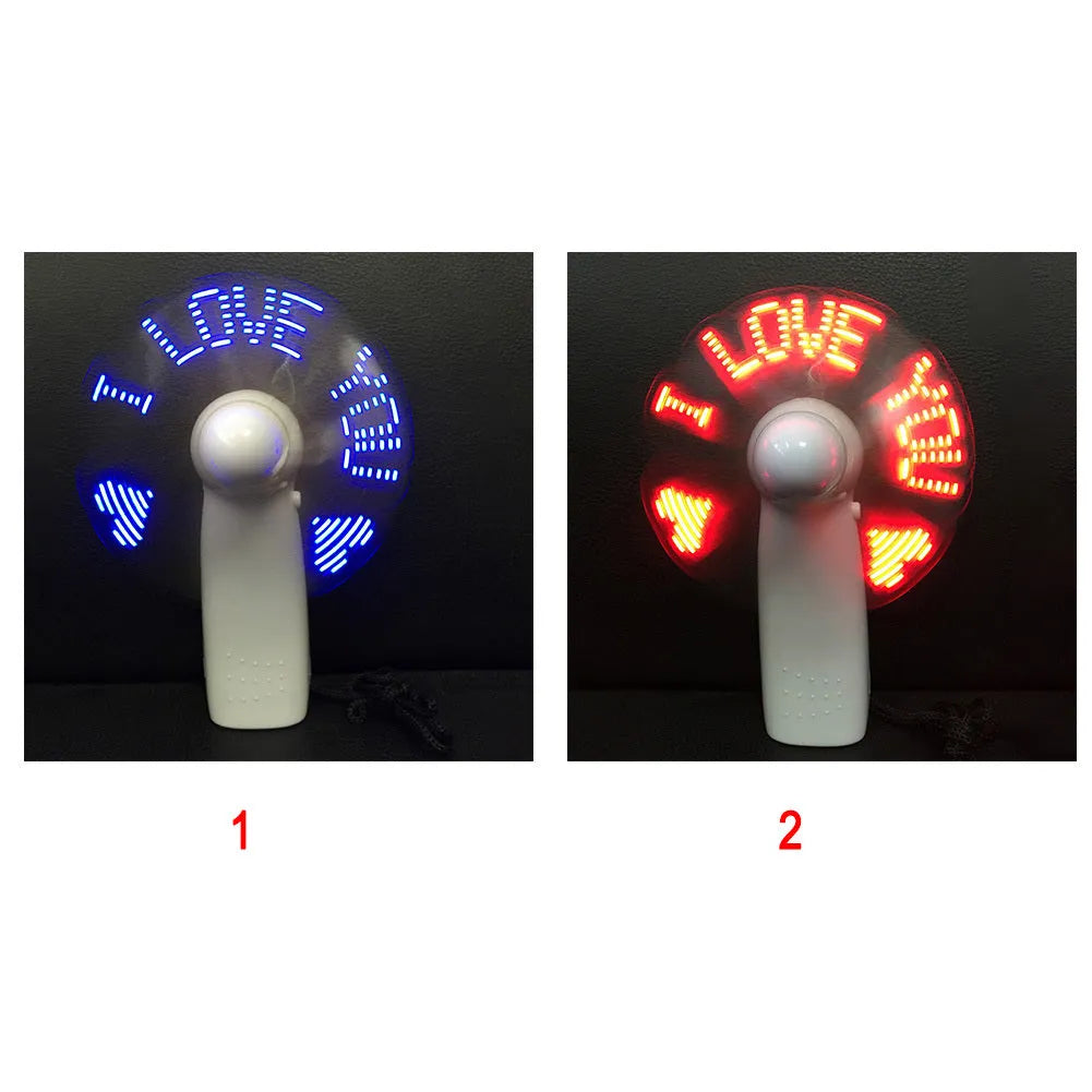 White handheld flashing fan with LED I love you pattern in blue and red colours