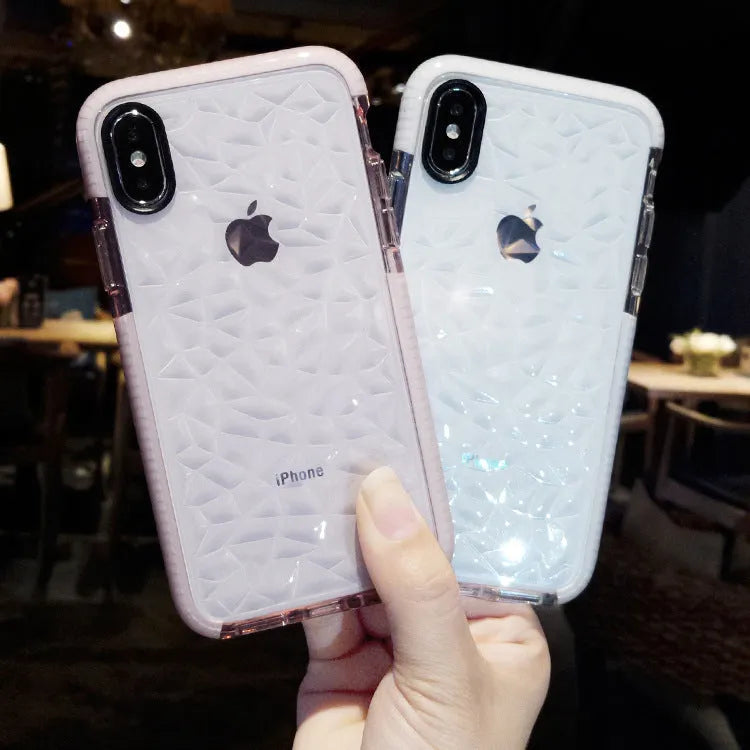 Striped TPU iPhone case shown in pink, white and black edge colour options