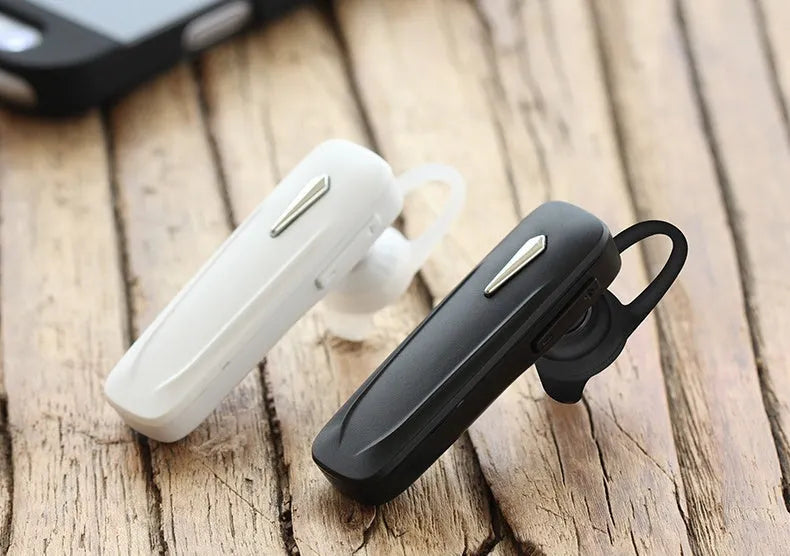 M165 wireless Bluetooth headset in black with hang-on ear design showing battery display