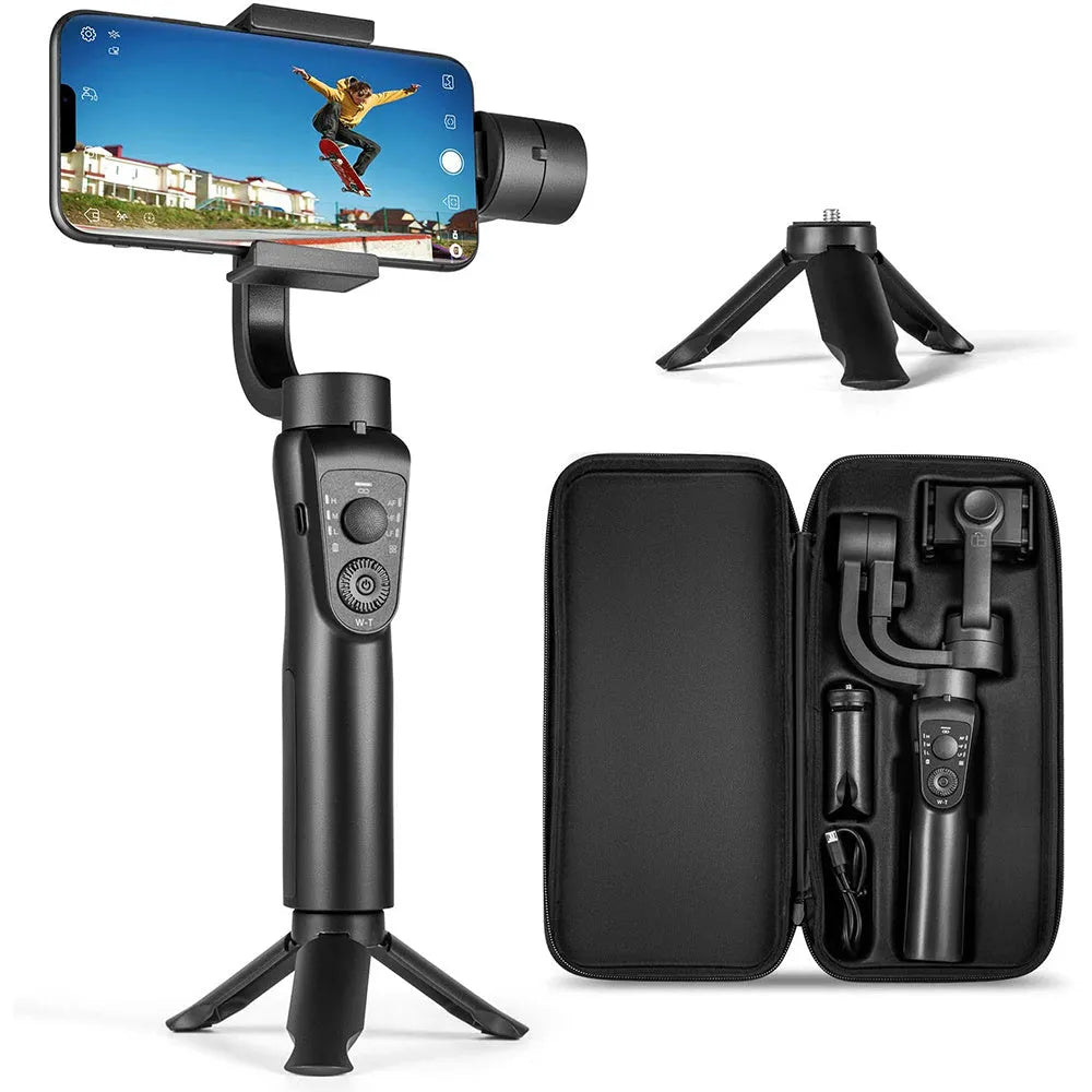Black three-axis handheld gimbal stabilizer for mobile phones showing PTZ unit and handle