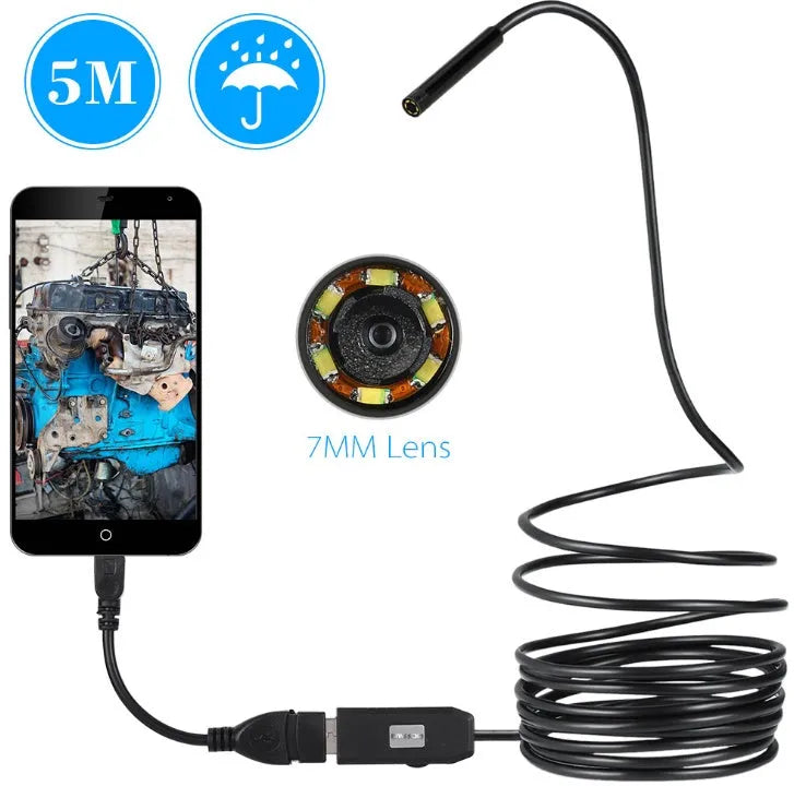 OWSOO USB endoscope camera with 5m cable, 6 LED lights, and attachments including a hook and magnet