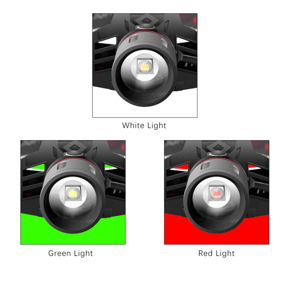 T6 LED zoom headlamp showing white, red, and green light options with adjustable head strap