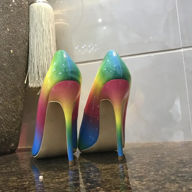 Rainbow glossy patent leather women's high heel shoes with pointed toe and thin high heel.