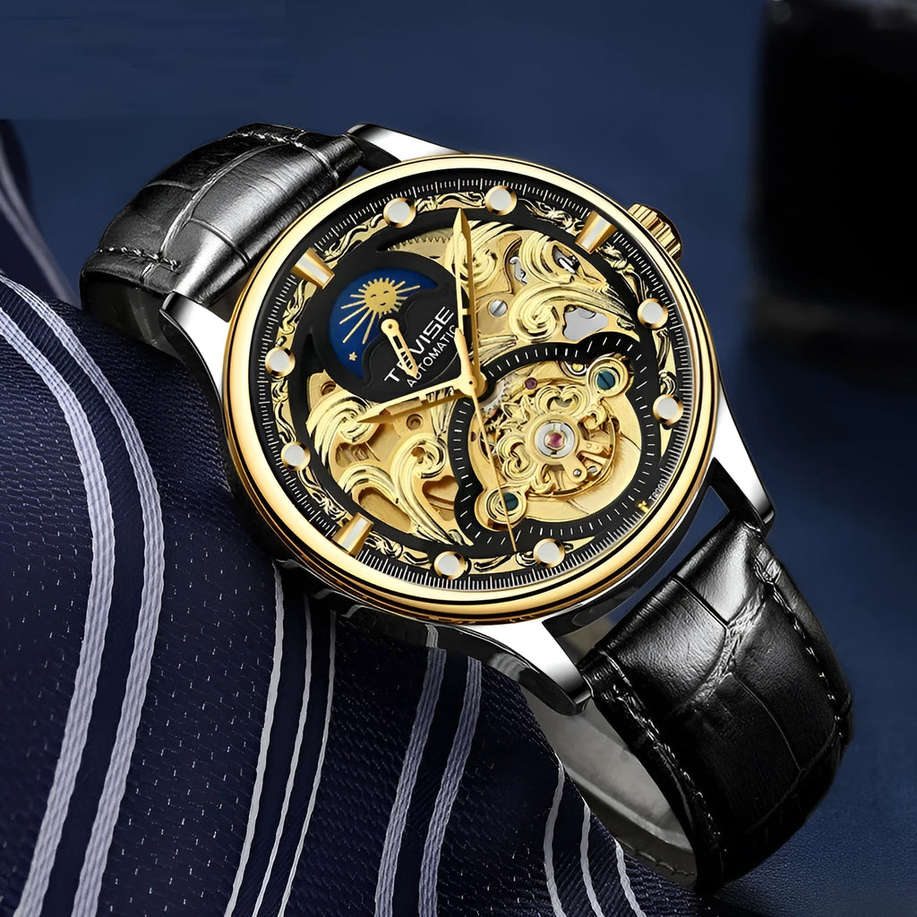 Men's gold leather strap automatic mechanical watch with business styling