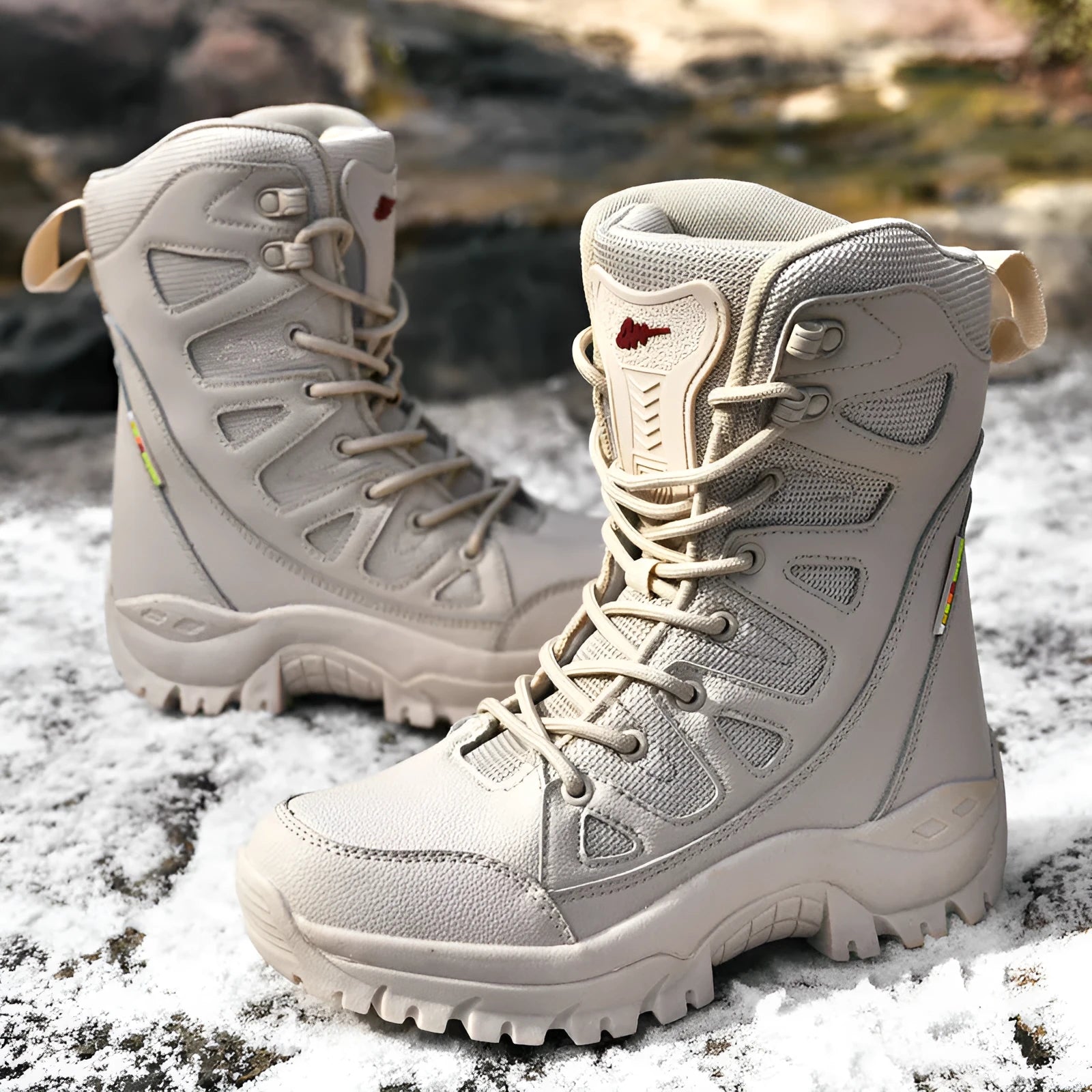 Men's beige cowhide hi-top hiking sneakers with platform sole for outdoor activities.