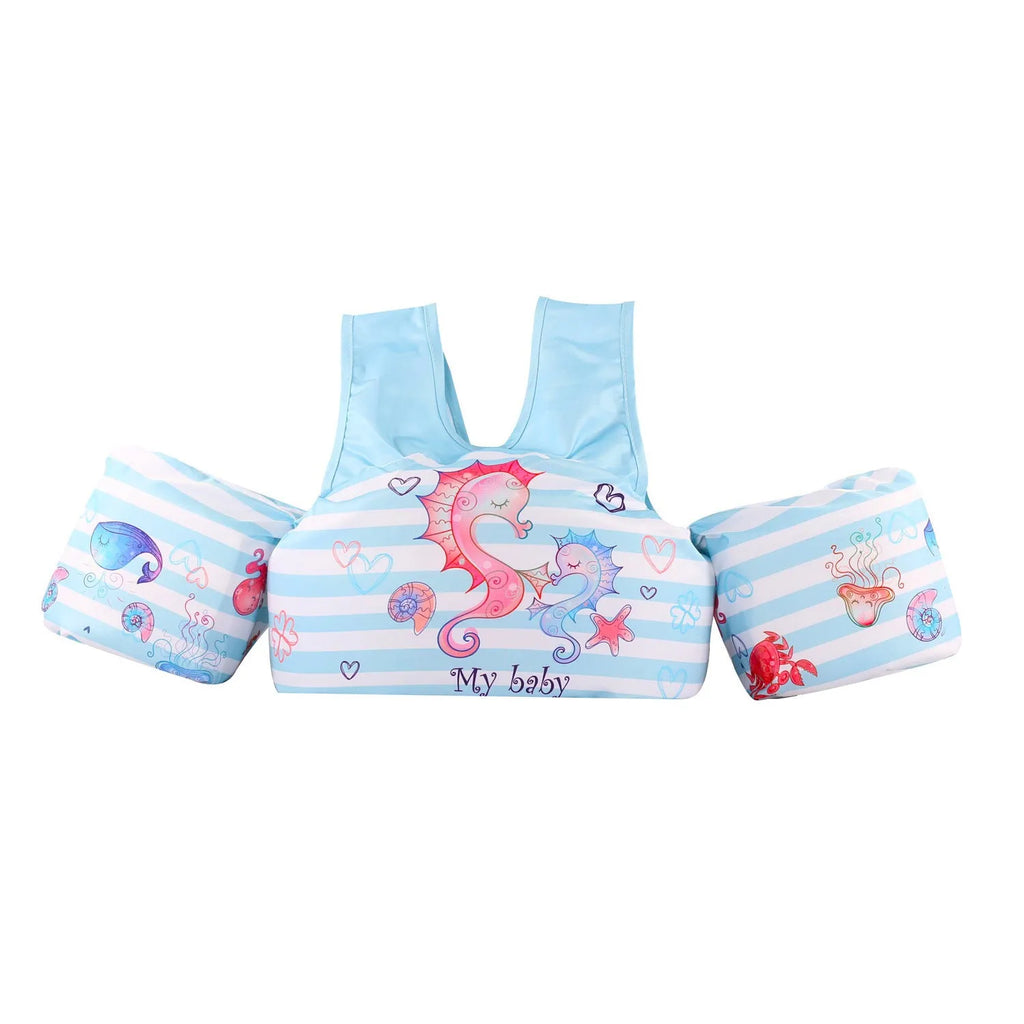 Cartoon-themed children's polyester arm swimming ring life jacket in various print designs.