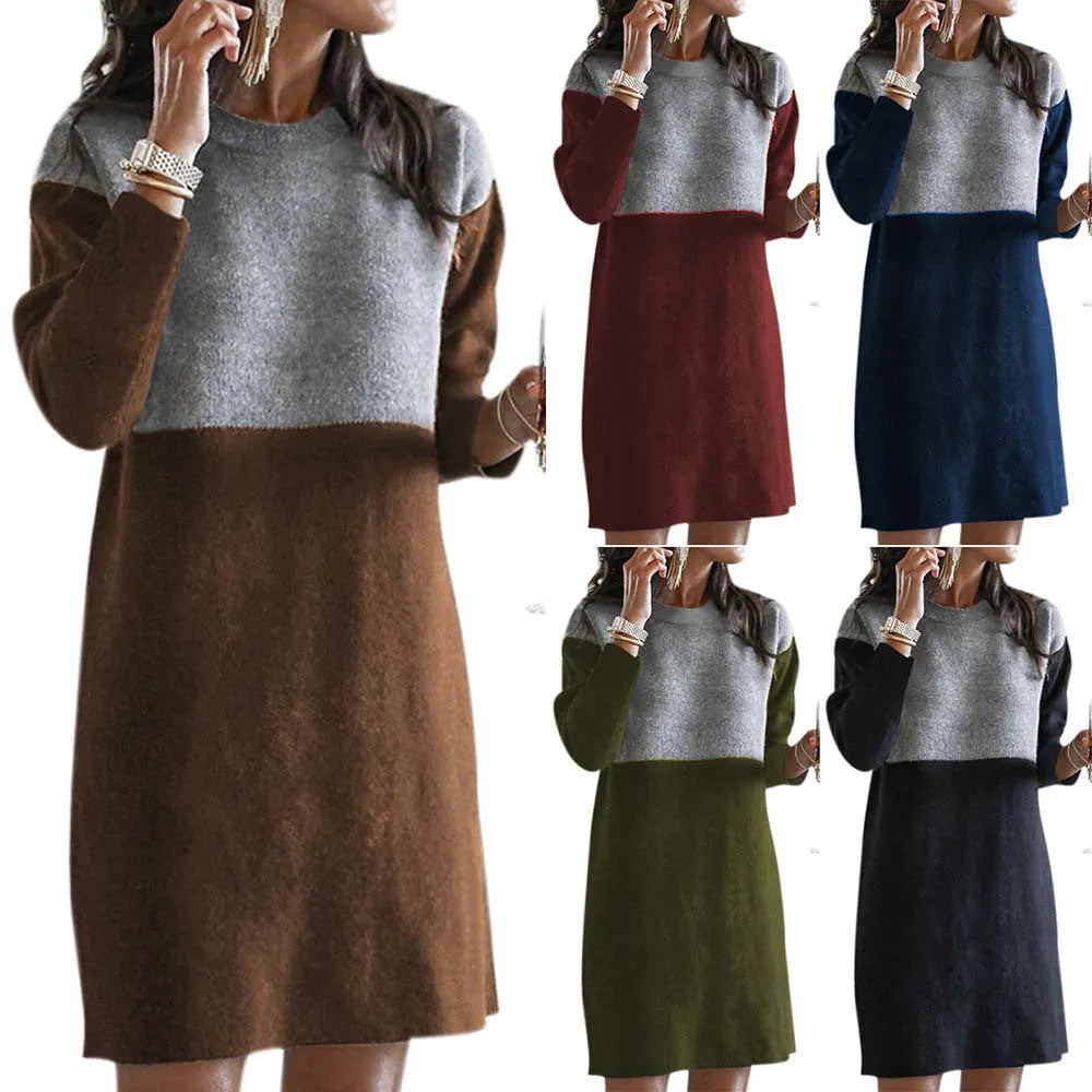 Brown women's polar fleece cotton princess dress with collage stitching and long sleeves