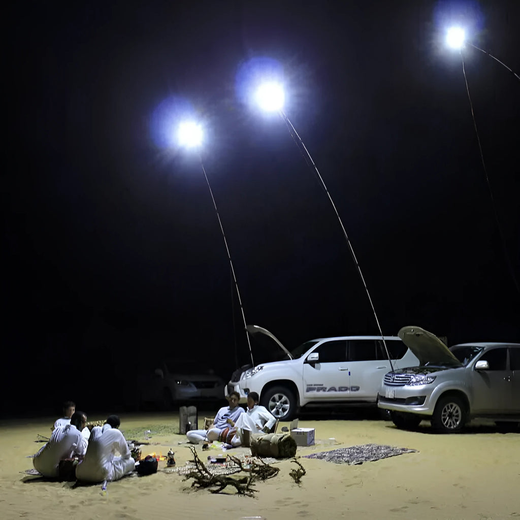White LED fishing rod light unit on a tall telescopic pole with a remote control, for outdoor night use.