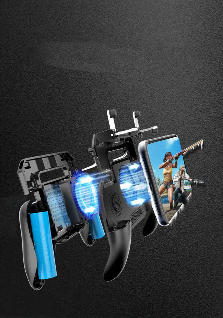 Black USB mobile game controller for smartphones with aluminium alloy details and ergonomic grip.