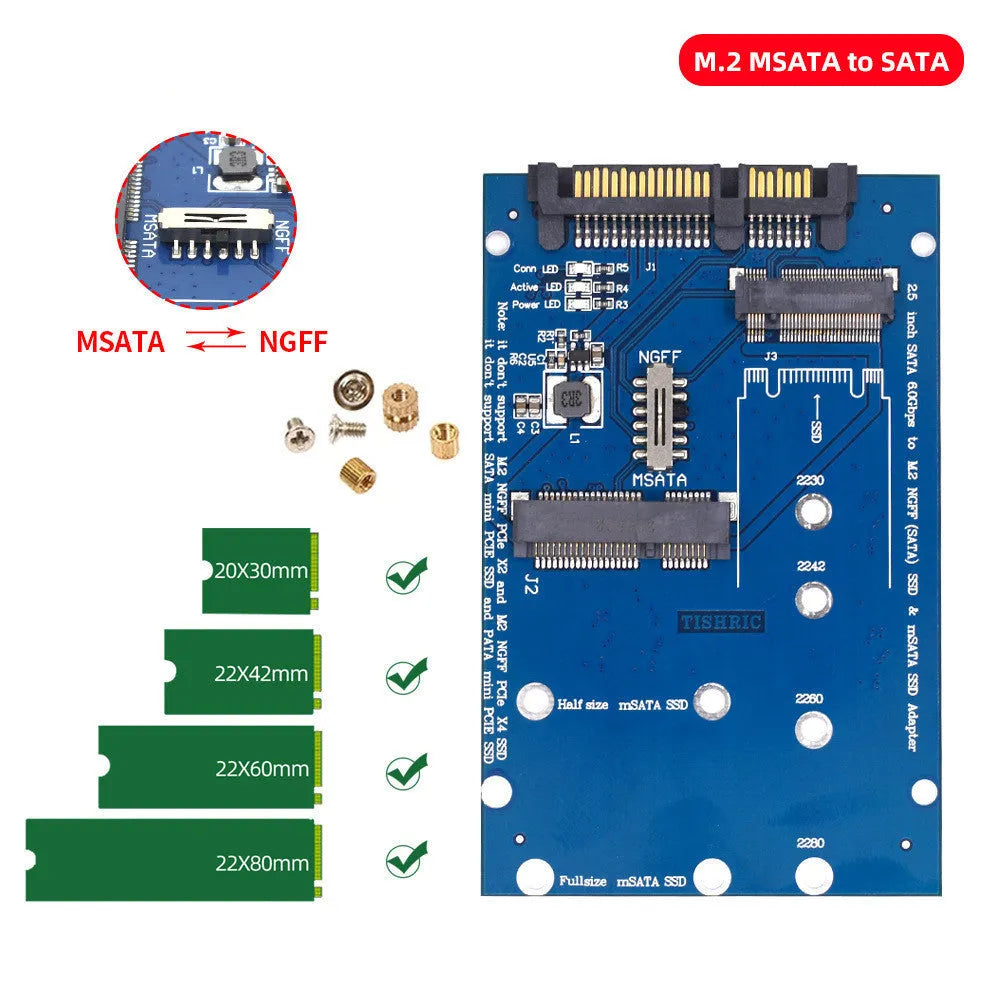 Black SATA3 to M2 NGFF MSATA SSD conversion adapter card with connectors