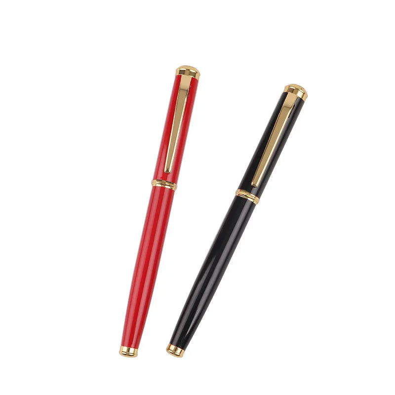 Red and black metal shell fountain pen with 0.5mm nib, shown with gift packaging