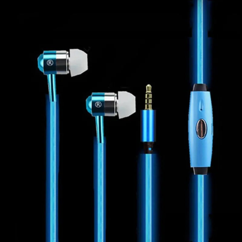 Blue LED light up earphones with 3.5mm plug and inline remote control on a dark background.