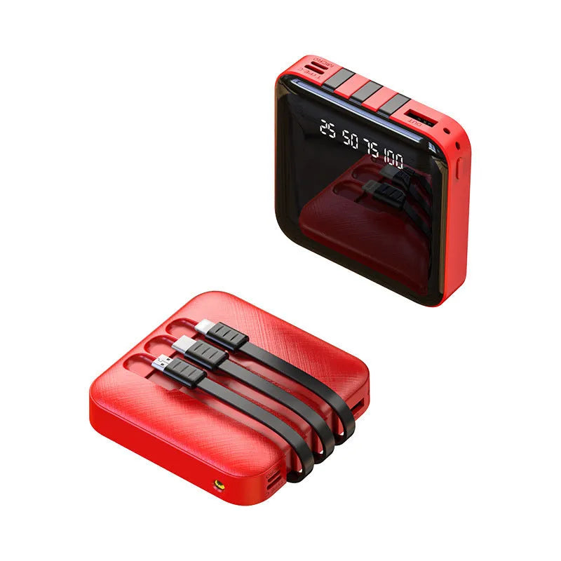 Mirror three-wire power bank in black or red with integrated charging cable