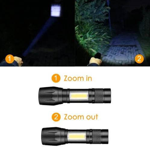 Black mini aluminium alloy telescopic LED flashlight with zoom focus and pocket clip.