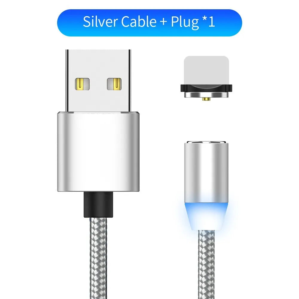 Black braided magnetic USB charging cable with LED light and aluminium connector.