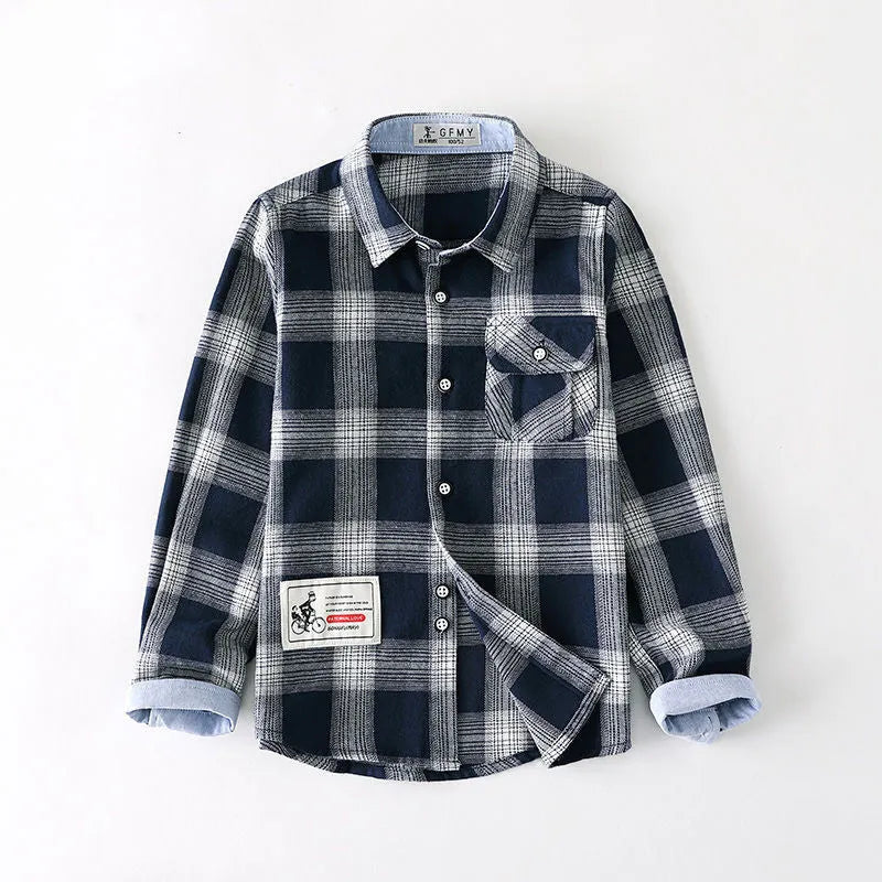 Boys plaid long sleeve slim fit cotton shirt in green with grid pattern