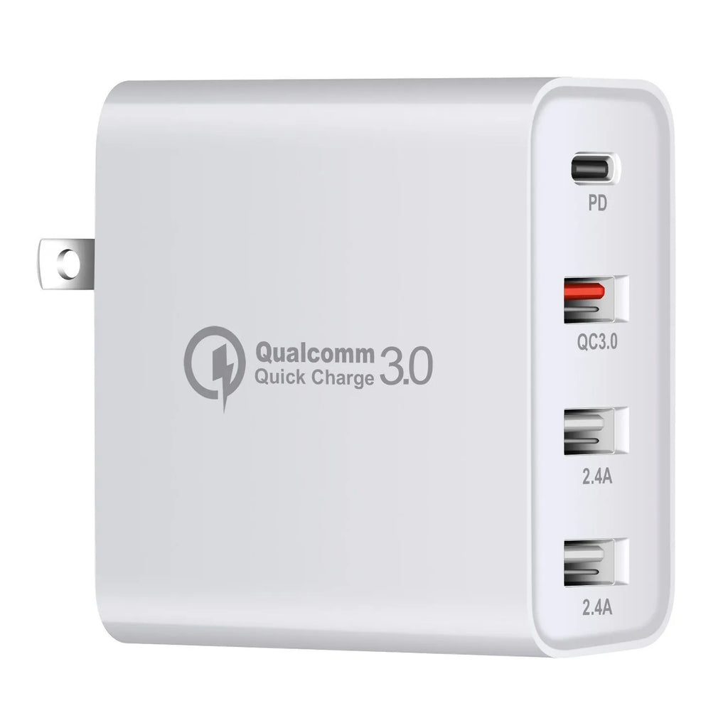Black 48W four-port USB-C charger with UK plug for multiple device charging