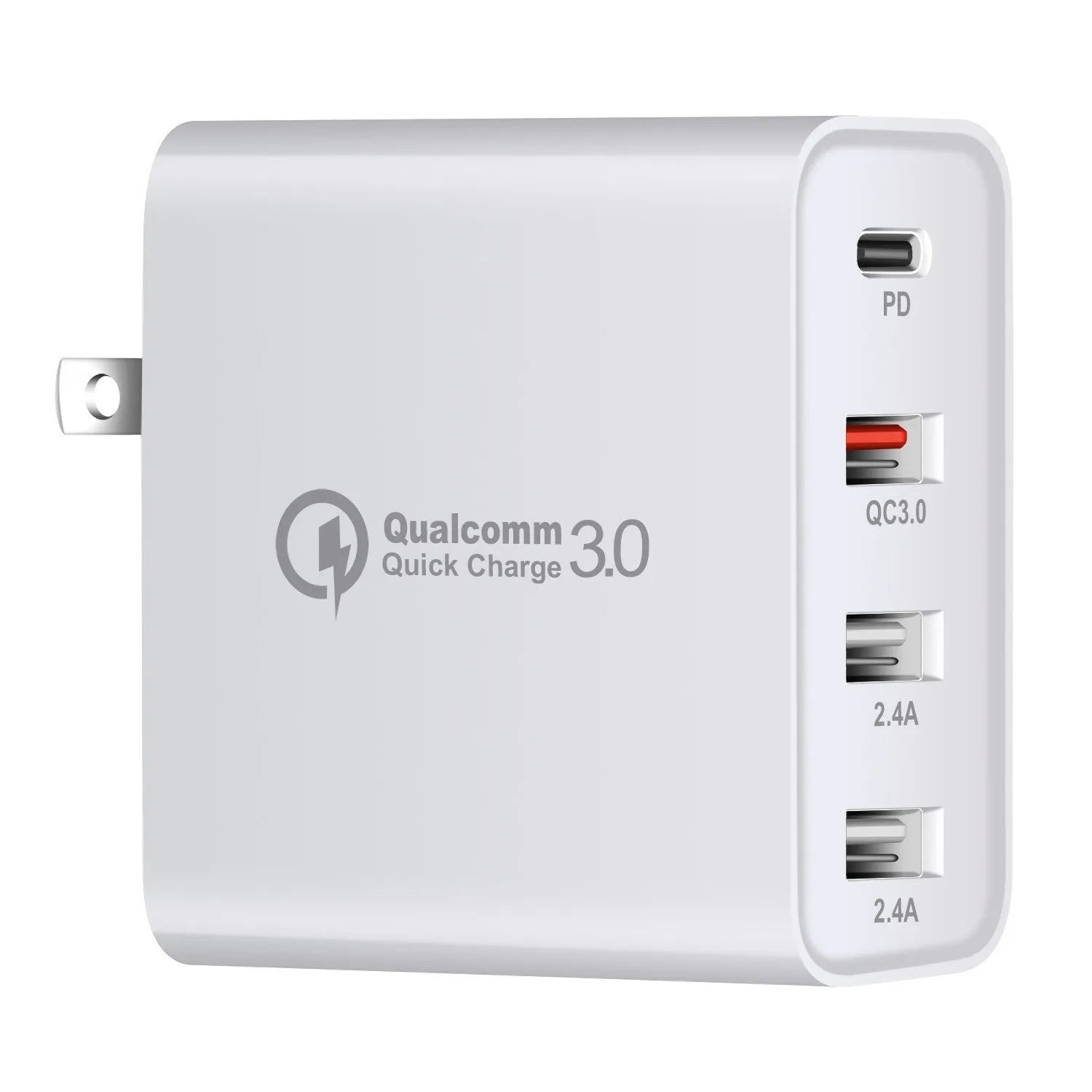 Black 48W four-port USB-C charger with UK plug for multiple device charging