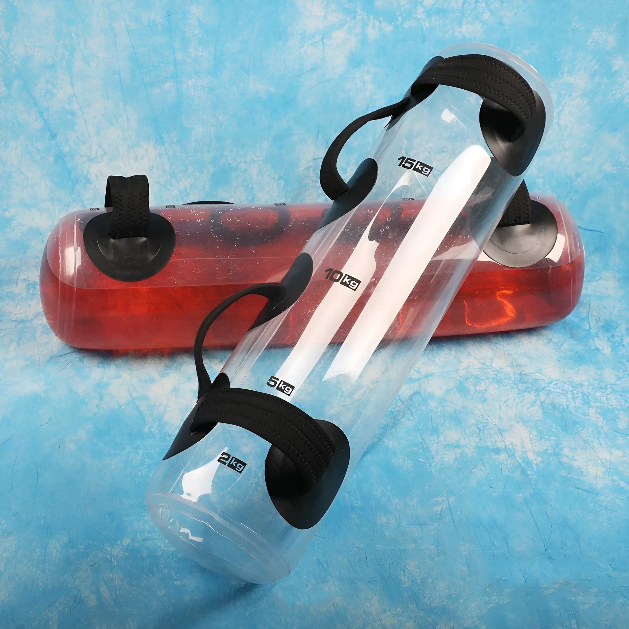 Transparent PVC water dumbbell training bag showing adjustable weight water injection system