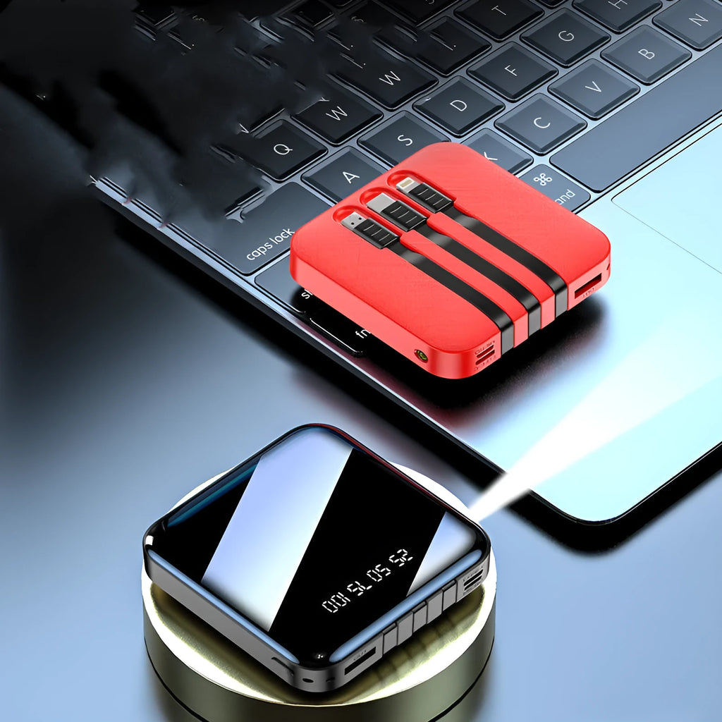 Mirror three-wire power bank in black or red with integrated charging cable