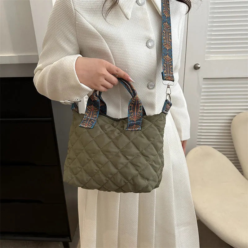 Soft Oxford cloth shoulder messenger bag with embroidery details in horizontal square shape