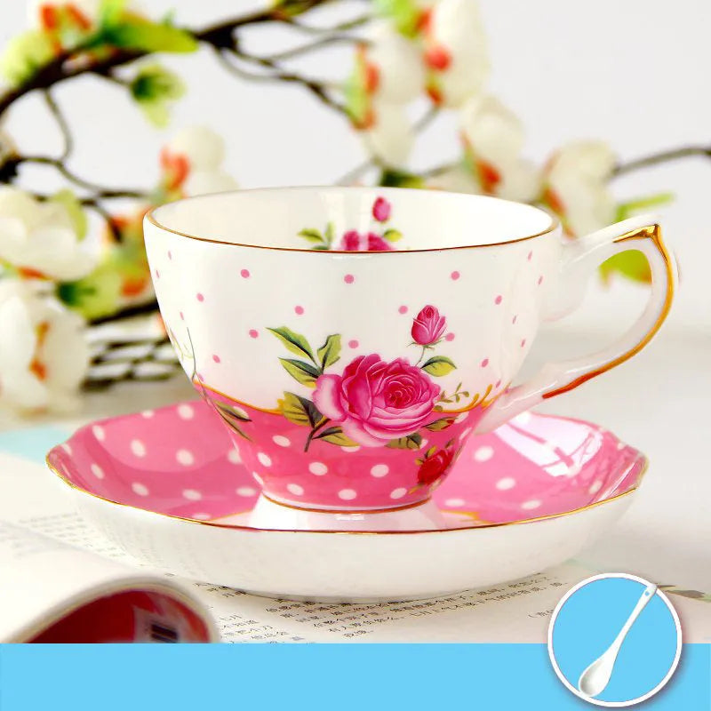 Porcelain coffee cup with saucer in European pastoral style with floral decoration