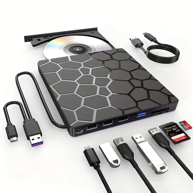 Black external USB CD/DVD drive with compact rectangular design for laptop and desktop computers