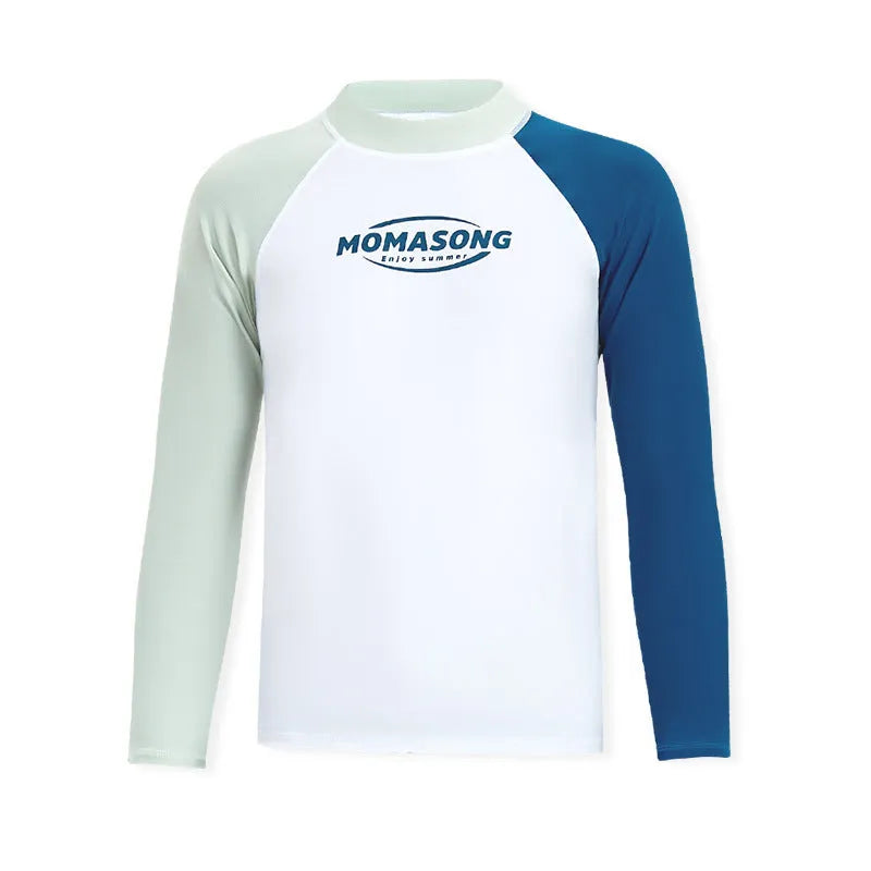 Men's white long-sleeved swim top with matching double-layer blue swim trunks for beach sports