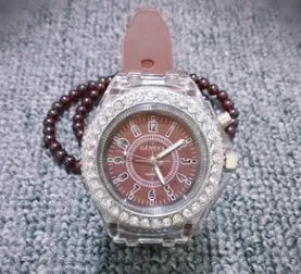 Geneva women's luminous quartz watch with round 43mm dial and silicone bracelet