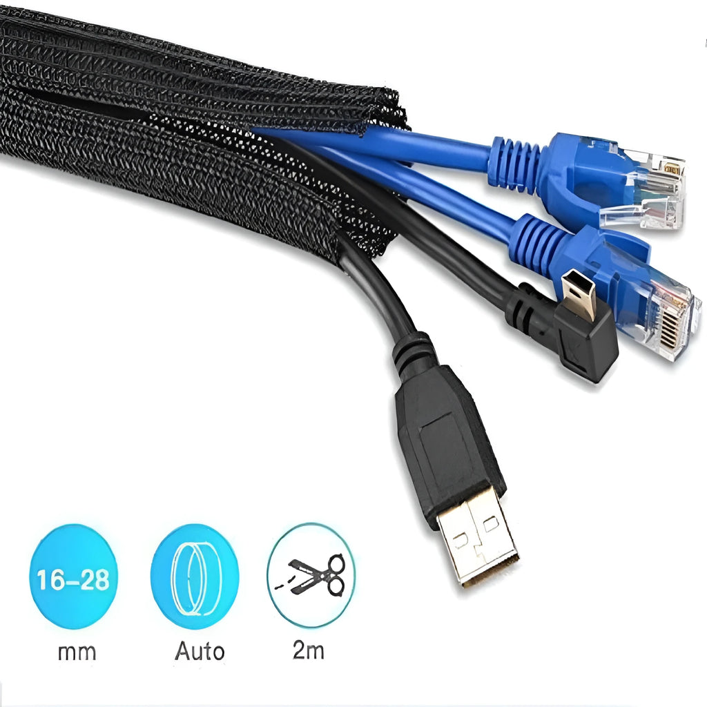 Black self-winding polyester mesh sleeve for protecting automotive wires and cables.