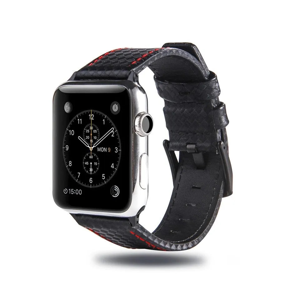 Leather Apple Watch strap with carbon fibre pattern case in black, blue, orange, and red colour options