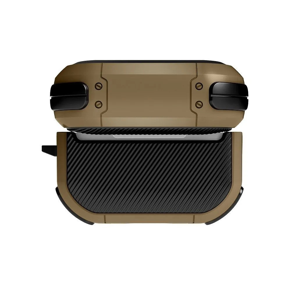 Black TPU and PC protective shell case for Apple AirPods 1, 2 and AirPods Pro charging case.