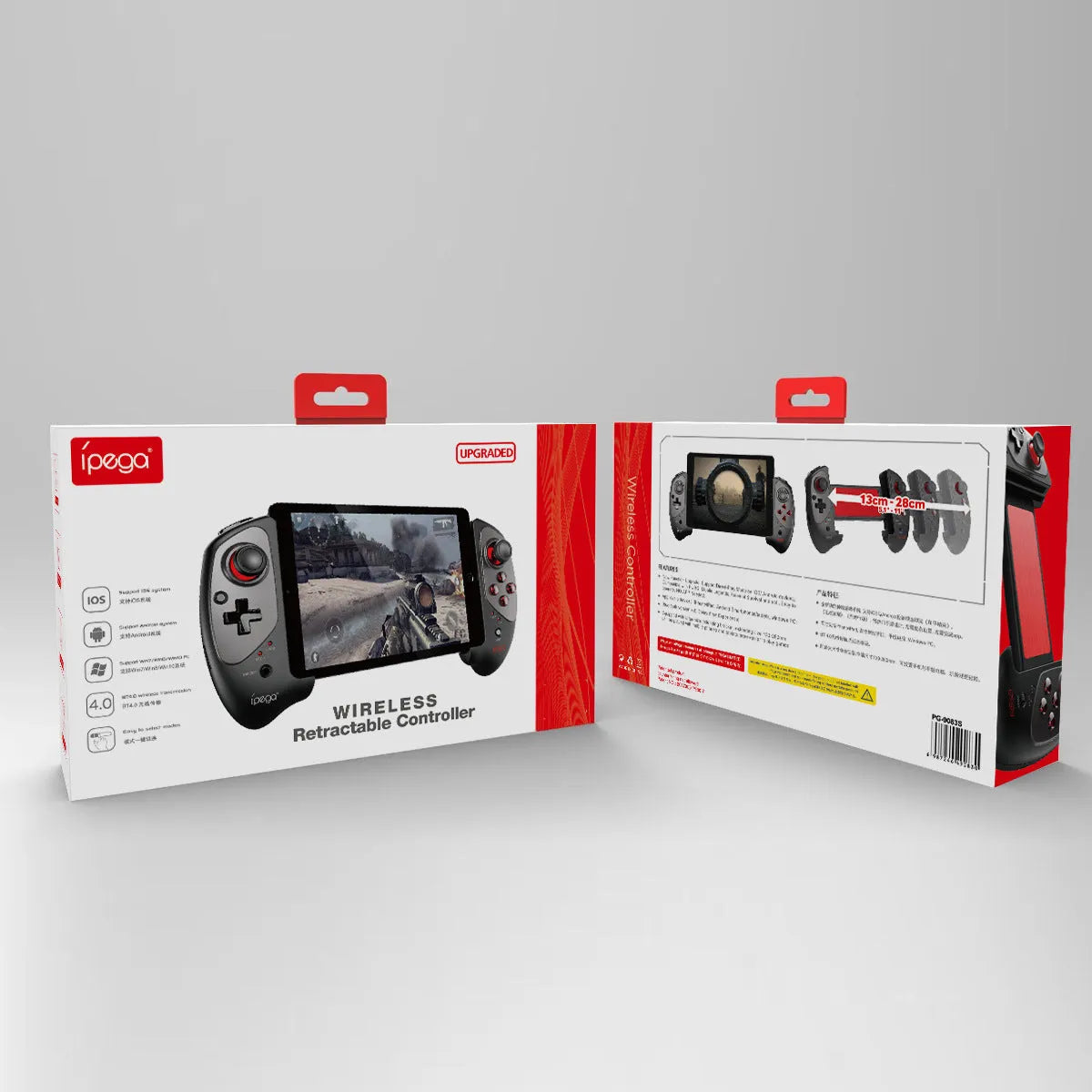 Red telescopic Bluetooth gamepad controller extended to hold a smartphone, with USB cable.