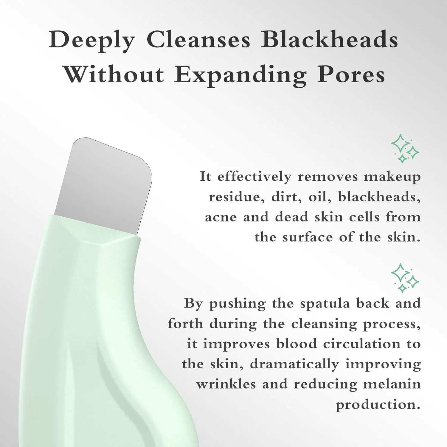 Green stainless steel pore scraper facial tool with a non-slip handle for blackhead removal.