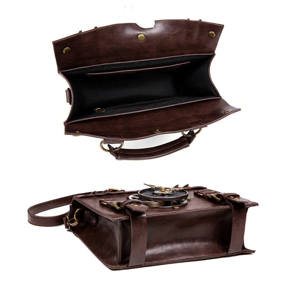 Bronze steampunk style shoulder bag with metal details and a soft pillow bag shape.
