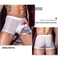Men's striped boxer briefs in black, white, and dark grey with high elasticity nylon fabric