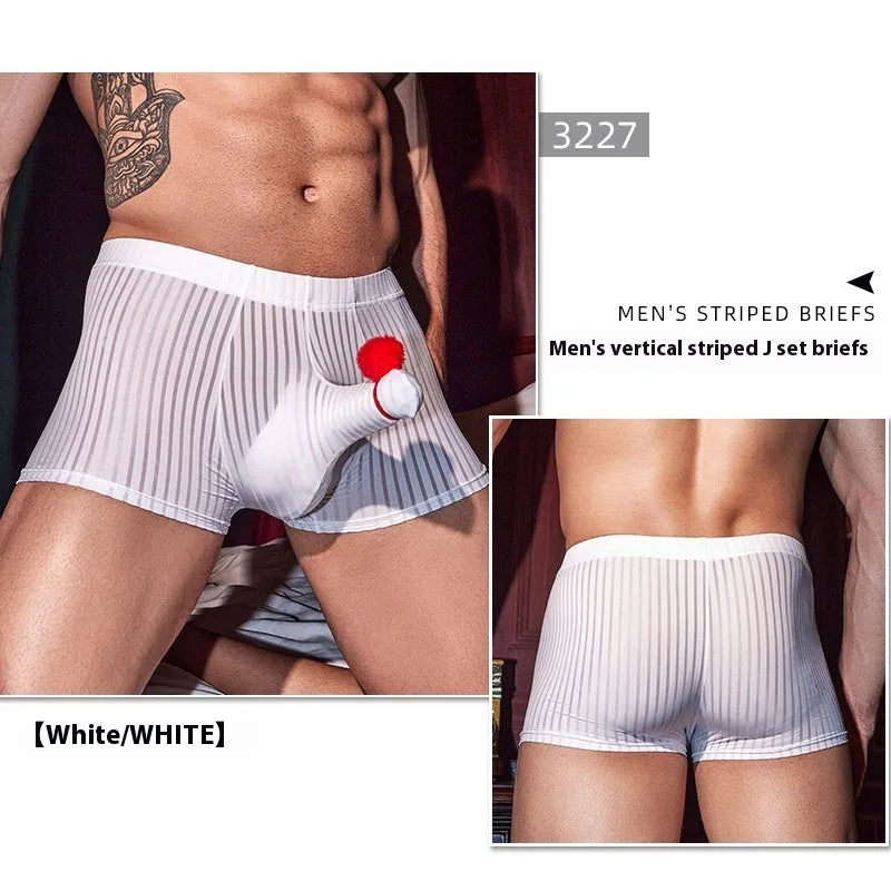 Men's striped boxer briefs in black, white, and dark grey with high elasticity nylon fabric